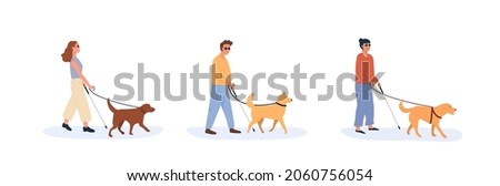 A guide dog with blind person walking together. Set of people with using help of dog. Collection of flat style characters. Vector illustration.