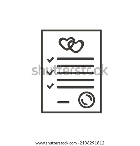 Marriage contract outline icon. Prenup signed certificate. Prenuptial agreement form with check marks, two hearts and notary stamp. Marital document. Vector illustration isolated on white. ストックフォト © 