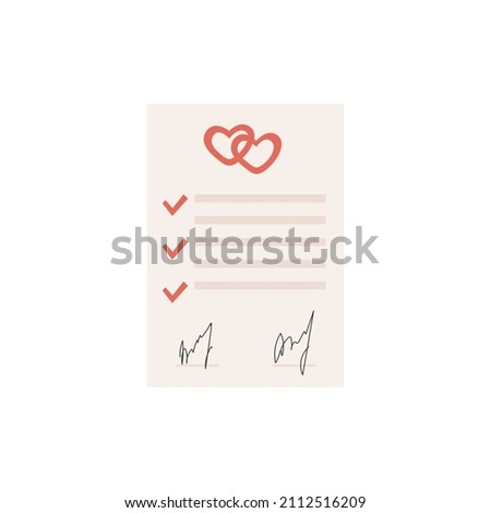 Marriage contract flat style colored icon. Prenup signed certificate. Prenuptial agreement form with check marks, two hearts and signature. Divorce document. Vector illustration isolated on white. ストックフォト © 