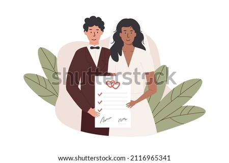 A groom and bride holding signed marriage contract. Interracial married couple with prenup document. Newlywed with prenuptial agreement marriage certificate on tropical background. Vector illustration 商業照片 © 