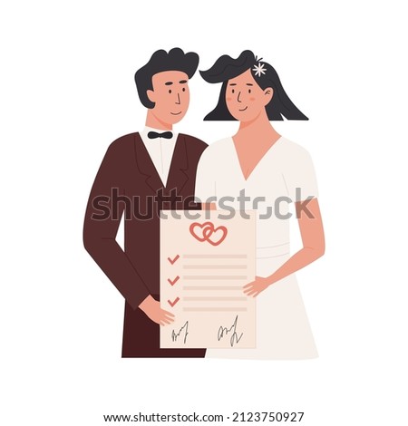 A groom and bride holding signed marriage contract. Happy married couple with prenup document. Newlywed with prenuptial agreement and marriage certificate. Vector illustration isolated on white. 商業照片 © 