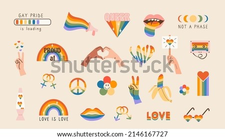 Vector set of LGBTQ community symbols with pride flags, gender signs, retro rainbow colored elements. Pride month stickers. Gay parade groovy celebration. LGBT flat style icons and slogan collection. Сток-фото © 