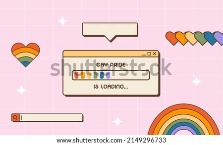 Vaporwave retro social media post for LGBTQ Pride Month. 80s 90s Y2K aesthetic square banner. Queer greeting card template with old computer video player window, rainbow heart and button. Vector.
