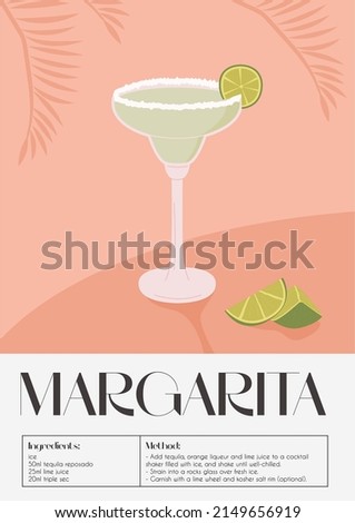 Contemporary poster of Margarita cocktail with lime wedge, cutted lime pieces and tropical palm brunch on the background. Classic alcoholic beverage recipe. Modern trendy print. Vector illustration.