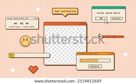 Vaporwave desktop wallpaper template with place for picture. Abstract vintage aesthetic background. 90s old computer user interface dialog windows. Nostalgic retro computer ui. Vector illustration.