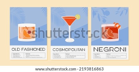 Old Fashioned, Negroni and Cosmopolitan Cocktail wall art posters. Alcoholic beverage garnish with orange, lime and cherry. Summer aperitif tropical vertical print. Minimalist vector illustration.