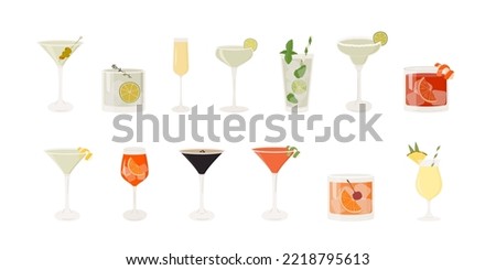 Set of classic cocktails. Different alcoholic drinks in various glasses. Summer aperitif garnish with lime twist, orange slice, olive skewer, cherry. Vector illustration of soft and alcohol beverages.