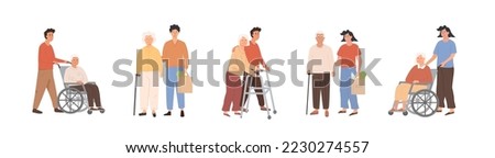 Set of diverse female and male nurses or volunteer workers taking care of old age people on wheelchair and elderlies with walker. Seniors at nursing home or hospital. Vector flat illustration isolated