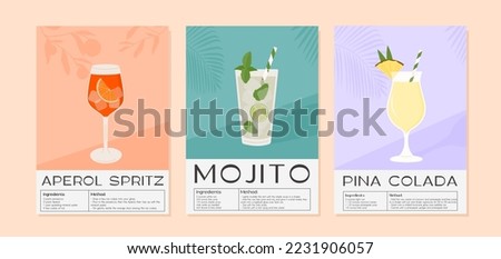 Mojito, Aperol Spritz and Pina Colada Cocktail recipe with ingredient. Summer aperitif with ice. Garnished alcoholic beverage graphic print. Minimalist contemporary vertical print. Vector illustration