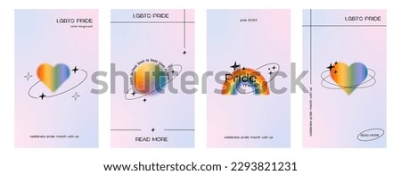 Set of trendy minimalist queer aesthetic posters with linear shapes and retro gradient LGBTQIA graphics. Y2K Pride Month social media templates with 90s linear design. Vector illustration.