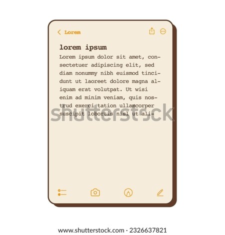 Notes application with place for text. Reminder, to do list or schedule pop up window on computer. Business app frame layout in nostalgic retro style. Vector flat illustration.
