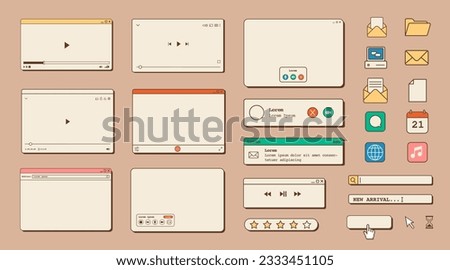 Big set of retro vaporwave desktop browser and dialog window templates. 80s 90s old computer user interface elements and vintage aesthetic icons. Nostalgic retro operating system. Vector illustration.