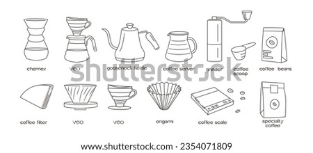 Manual alternative coffee brewing methods and tools hand drawn doodle style icons. Set for pour over drip coffee outline thin line graphics. Vector flat style isolated illustration for cafe menu.