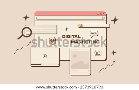 Digital Marketing concept in retro style. Old computer interface with browser window, search bar, social media statistic, multimedia player. SEO analysis, SMM, web app development. Vector illustration