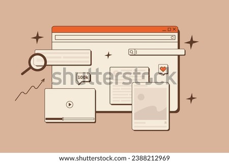 Digital Marketing concept in retro style. Old computer interface with browser window, search bar, social media app window. SMM, SEO analysis, creative writing, copywriting. Vector illustration.