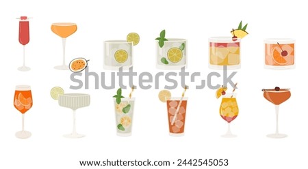 Set of popular classic cocktails. Different alcoholic drinks in various glasses. Summer aperitif garnished with lime twist, orange slice and cherry. Vector illustration of soft and alcohol beverages.