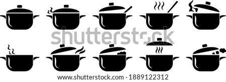 Pans icons set in simple style. Cooking in a saucepan with steam, stirring, warm homemade food. Logos isolated on white background.