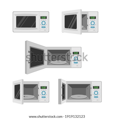 Microwave oven set icons in flat style. Microwave with different door positions. Kitchen appliances isolated on white. Vector.