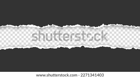 Realistic, torn, ripped strip of dark grey paper with a light shadow on a transparent background. Torn cardboard.