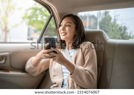 Similar – Image, Stock Photo Traveler driving car on country road through winter forest