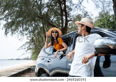 Similar – Image, Stock Photo Traveler driving car along road