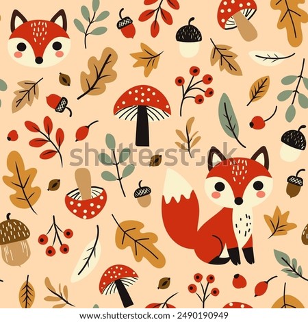 Vector seamless pattern with Autumn fox and fall leaves, simple print for kids. 