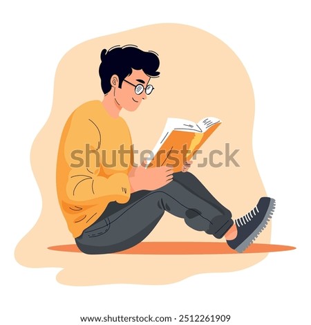 Young man holding open paper book in hands at leisure time. Person reading. Literature, abstract novel reader. Student studying for exam. Flat vector illustration isolated on white background