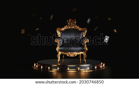 Gold black bergere, play cards flying in the dark behind a gold black bergere 3d rendering