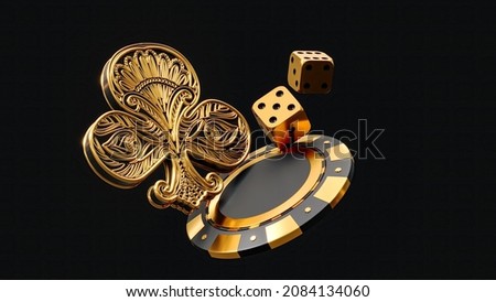 Play card icon, traditional embroidery play card symbols, poker chip, dices and ace. Black and golden isolated on the dark background.  Casino game gambling concept, poker mobile app 3d rendering