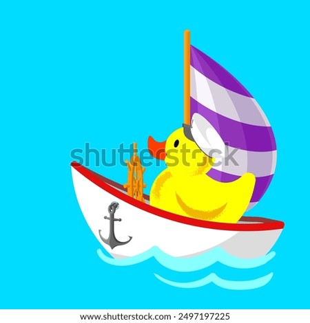 Cute yellow rubber duckling is a captain of a sailing yacht. Concept on the theme of summer holidays or vacation and travels. Outdoor recreation near the water. Vector illustration.