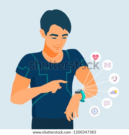 Young adult man looks at a smart watch. Smiling athlete uses electronic wristwatch. Icons show the functionality of gadget. The runner is watching his activity. Vector flat style cartoon illustration.