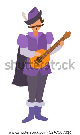 Bard stands in a cloak with a lute. Role-playing stylized game image without face. Flat cartoon design. Realistic body proportions. Vector simple style illustration isolated on white background.