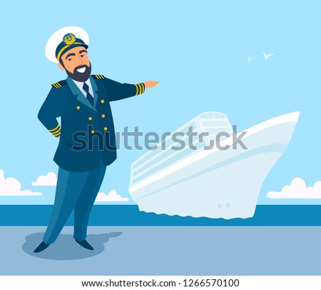 Friendly captain of the ship invites to the board, pointing his hand, smiling. Sea voyage. Free space for text, ads, advertising. Vector cartoon flat style illustration, blue sea background.