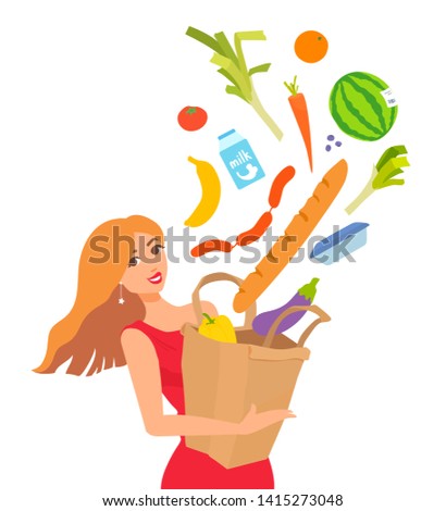 A beautiful blonde woman in a red dress holds a paper bag with groceries. Girl smiling, looking at a viewer. Fresh food. Bread, leek, carrot, sausages. Vector cartoon illustration isolated on white.