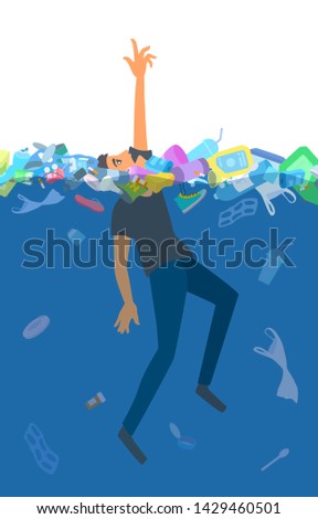 Man drowning in the garbage in an ocean. A boy in panic reaches his hand up, trying to escape, asking for help. Environmental pollution. The problem of garbage. Plastic waste in the water reservoir.