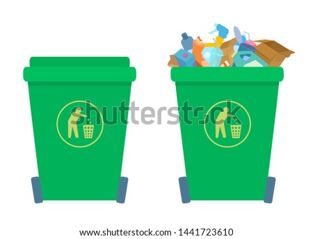 A dumpster filled with trash. Trash bin closed with a lid. Plastic bottles, boxes, cans. Icon of a person throwing garbage on the container. Vector illustration isolated on white background.
