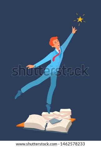 Young cheerful male manager reaches out to the star, smiling. Elegant man in a suit, tie. Manager tries to catch up a prize. Vector cartoon illustration.