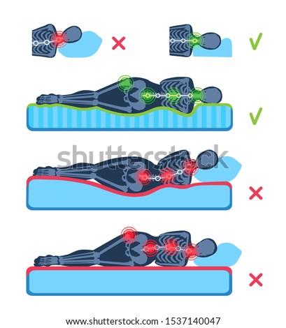A woman lying on her side on the mattress. Silhouette with a skeleton. Good and bad positions. Spine and head support. Healthy and unhealthy sleep, rest, relax. Vector comparative cartoon illustration