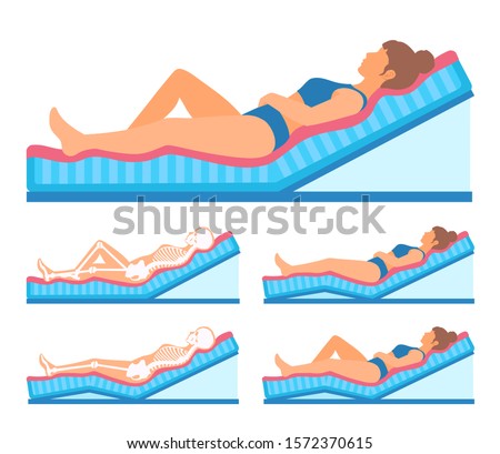 A girl lies half-sitting, resting comfortably. A mattress is raised at an angle of 30 degrees. Distributed body weight. Side view. Bendable bed base. Vector illustration isolated on white.