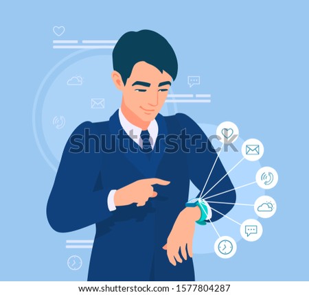An office worker looks at a smartwatch. A man uses electronic wristwatch. Icons show the functionality of gadget. Businessman watching his activity. Vector cartoon illustration.