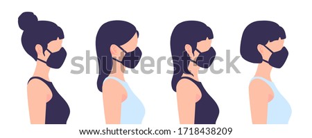 Portraits of girls in protective masks in a profile. Women with various haircuts. Vector cartoon flat illustration set isolated on a white background.