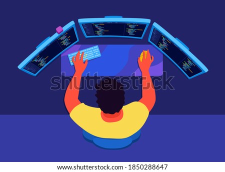 A programmer, freelancer developer programming, coding, working at home at the personal computer with three displays. Man is a freelance coder. View from above. A vector cartoon illustration. 