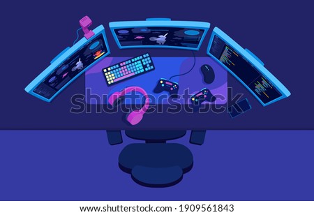 A workspace desktop of a gamer, video game streamer. Three computer monitors on a PC desk. Gaming accessories flat lay. A vector cartoon illustration.