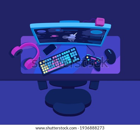 Gaming station. Gamer's desktop, workspace flat lay. PC video game equipment. Desk of a computer player. A vector cartoon illustration.