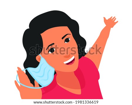 A girl takes off, removes a protective medical mask, showing something by her hand, smiling. The end of coronavirus pandemic. After a vaccination. A vector cartoon illustration.