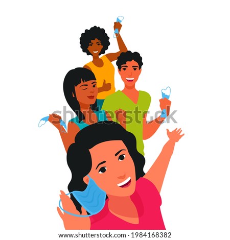 People take off, removes masks after the coronavirus pandemic. Man and women celebrating the end of the epidemic. After the vaccination. A vector cartoon illustration.