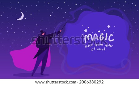 A magician casts a spell with his magic wand. A template with copy space for text. An illusionist doing magic. Magical conjurer. A vector cartoon illustration. Foto stock © 