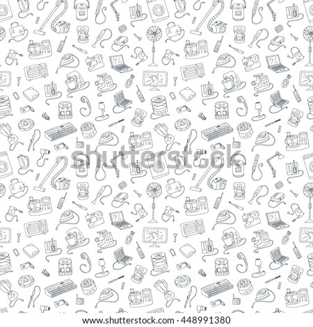 Household appliances doodle hand drawn seamless pattern. Vector line illustration isolated from white background. Collection of equipment. Cartoon doodling style drawing.