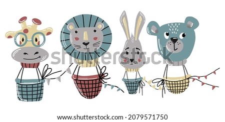 Set of scandi animals cute air balloon with face bear, rabbit, giraffe, lion on white background for greeting card, logo, design childish room in Scandinavian style