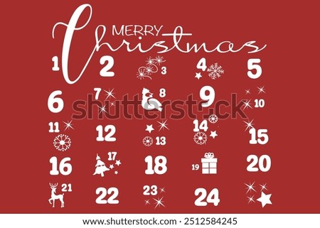 Vector Christmas advent calendar with bird, gifts, christmas tree, decorative balls. Countdown holiday calendar on red background